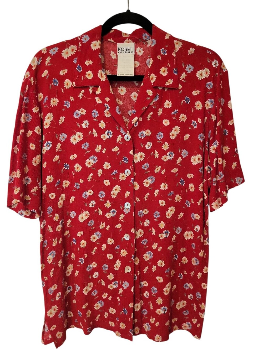 Vintage Koret City Blues Red Button Up Blouse With Daisy Print
